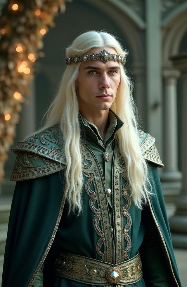 A high-resolution live-action portrayal of Thranduil, the elven king from the Lord of the Rings, depicted in his 40s