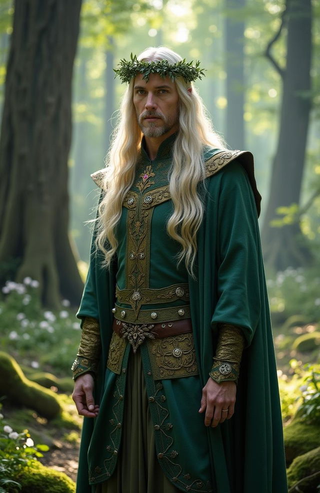 A high-resolution live-action depiction of Thranduil, the male elf king from the Lord of the Rings, in his 40s