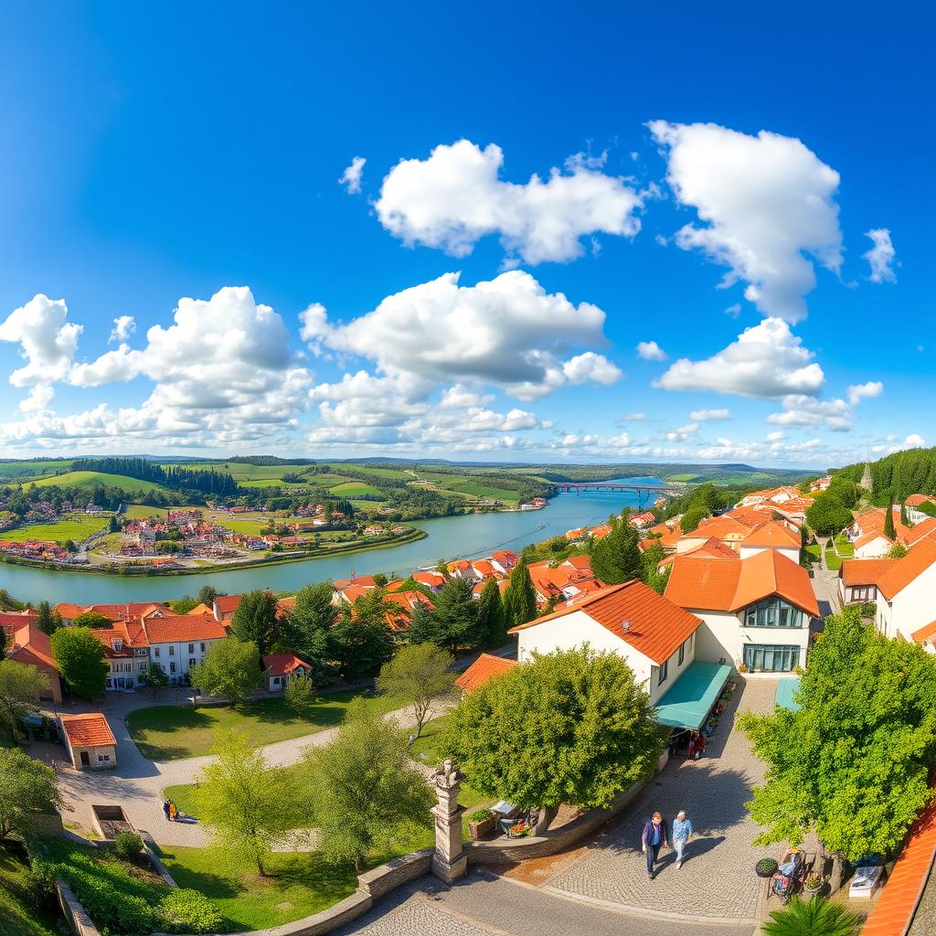 A panoramic view of Vizela, Portugal, showcasing its charming landscape with rolling green hills, quaint houses, and the vibrant waters of the Vizela river