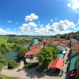 A panoramic view of Vizela, Portugal, showcasing its charming landscape with rolling green hills, quaint houses, and the vibrant waters of the Vizela river