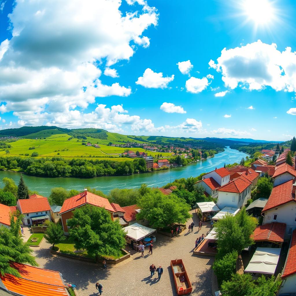 A panoramic view of Vizela, Portugal, showcasing its charming landscape with rolling green hills, quaint houses, and the vibrant waters of the Vizela river