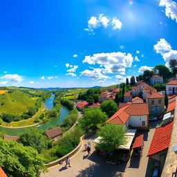 A panoramic view of Vizela, Portugal, showcasing its charming landscape with rolling green hills, quaint houses, and the vibrant waters of the Vizela river