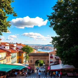 A scenic view of Sacavém, Portugal, featuring a vibrant urban landscape with a blend of traditional Portuguese buildings and modern architecture