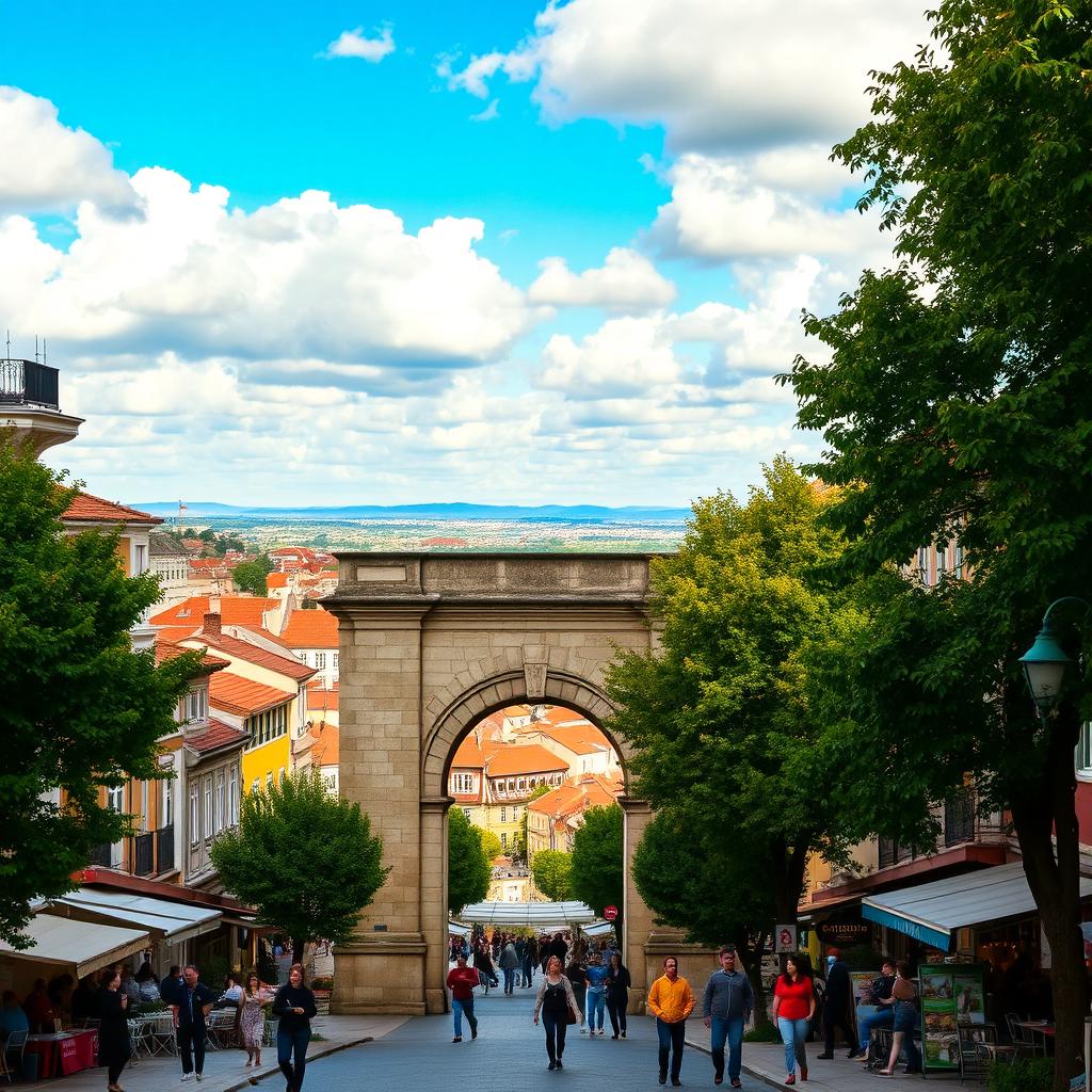 A scenic view of Sacavém, Portugal, featuring a vibrant urban landscape with a blend of traditional Portuguese buildings and modern architecture