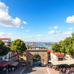 A scenic view of Sacavém, Portugal, featuring a vibrant urban landscape with a blend of traditional Portuguese buildings and modern architecture