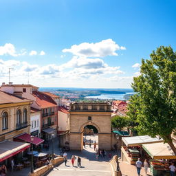 A scenic view of Sacavém, Portugal, featuring a vibrant urban landscape with a blend of traditional Portuguese buildings and modern architecture