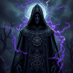 An imposing evil sorcerer standing tall in a dark robe with an intricately designed hood, obscuring his face in shadows