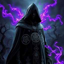 An imposing evil sorcerer standing tall in a dark robe with an intricately designed hood, obscuring his face in shadows