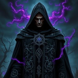 An imposing evil sorcerer standing tall in a dark robe with an intricately designed hood, obscuring his face in shadows