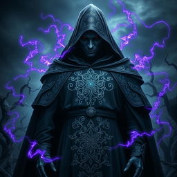 An imposing evil sorcerer standing tall in a dark robe with an intricately designed hood, obscuring his face in shadows