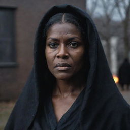 Tituba of Salem portrayed as a powerful figure with a dark, mysterious aura. She has an intense gaze projecting power, set against the backdrop of the historical locale of Salem.