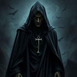 An evil sorcerer standing menacingly in a dark, flowing robe with a hood that conceals his face in complete darkness, surrounded by a sinister aura