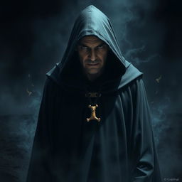 An evil sorcerer standing menacingly in a dark, flowing robe with a hood that conceals his face in complete darkness, surrounded by a sinister aura