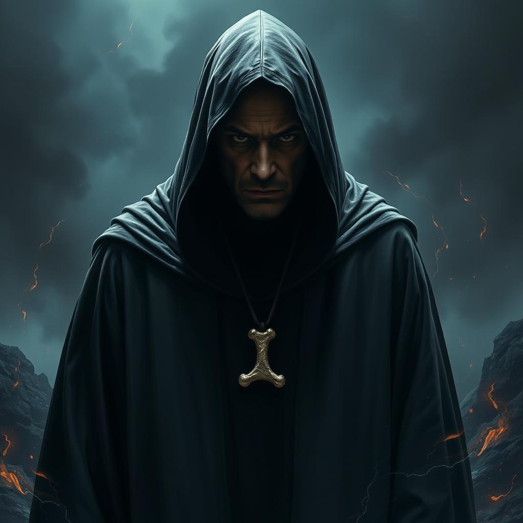 An evil sorcerer standing menacingly in a dark, flowing robe with a hood that conceals his face in complete darkness, surrounded by a sinister aura