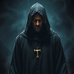 An evil sorcerer standing menacingly in a dark, flowing robe with a hood that conceals his face in complete darkness, surrounded by a sinister aura