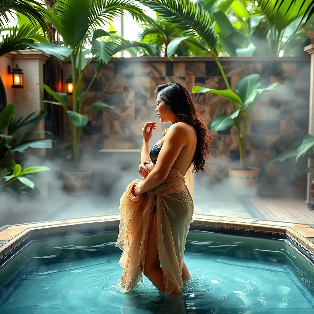 A sensual and tropical scene depicting a couple enjoying an intimate moment in a luxurious private outdoor banyoda (Turkish bath)