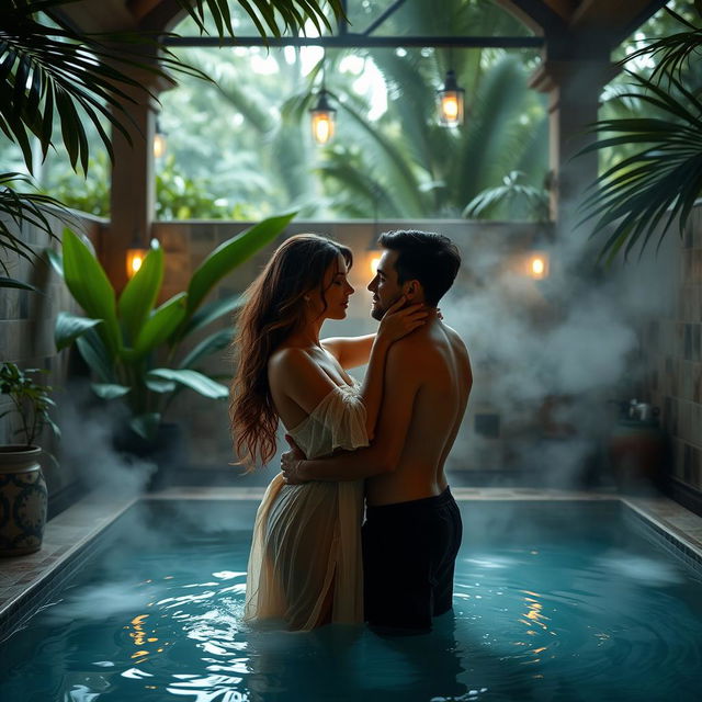 A sensual and tropical scene depicting a couple enjoying an intimate moment in a luxurious private outdoor banyoda (Turkish bath)