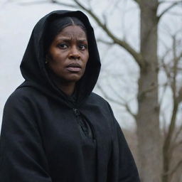 Tituba of Salem portrayed as a powerful figure with a dark, mysterious aura. She has an intense gaze projecting power, set against the backdrop of the historical locale of Salem.