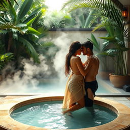 A sensual and tropical scene depicting a couple enjoying an intimate moment in a luxurious private outdoor banyoda (Turkish bath)