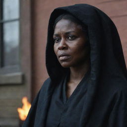 Tituba of Salem portrayed as a powerful figure with a dark, mysterious aura. She has an intense gaze projecting power, set against the backdrop of the historical locale of Salem.