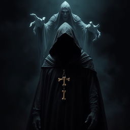 An evil sorcerer standing ominously in a flowing dark robe with an intimidating hood obscuring his entirely invisible face, surrounded by complete darkness