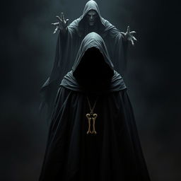 An evil sorcerer standing ominously in a flowing dark robe with an intimidating hood obscuring his entirely invisible face, surrounded by complete darkness