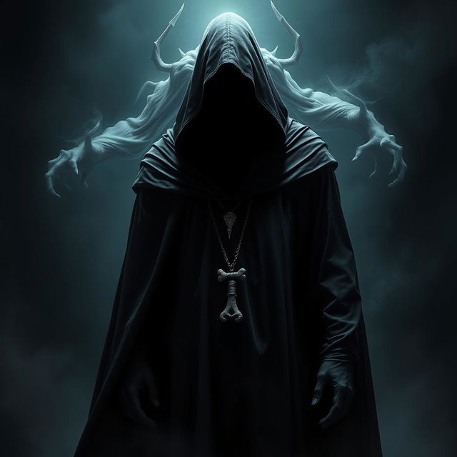 An evil sorcerer standing ominously in a flowing dark robe with an intimidating hood obscuring his entirely invisible face, surrounded by complete darkness