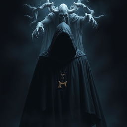 An evil sorcerer standing ominously in a flowing dark robe with an intimidating hood obscuring his entirely invisible face, surrounded by complete darkness