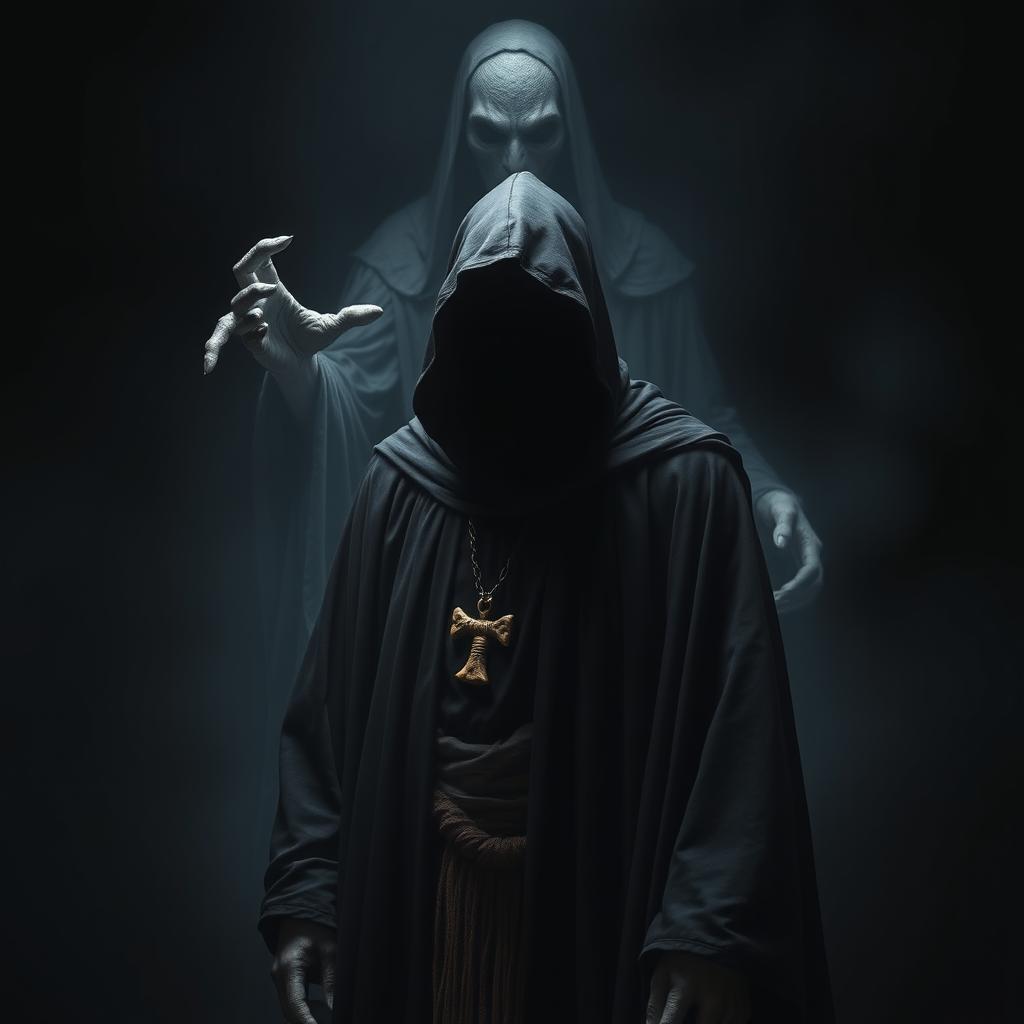 An ominous evil sorcerer standing in a dark, flowing robe with a hood that obscures his face completely, surrounded by an atmosphere of complete darkness