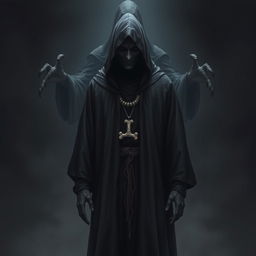 An ominous evil sorcerer standing in a dark, flowing robe with a hood that obscures his face completely, surrounded by an atmosphere of complete darkness