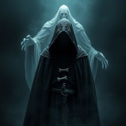 An ominous evil sorcerer standing in a dark, flowing robe with a hood that obscures his face completely, surrounded by an atmosphere of complete darkness