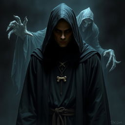 An ominous evil sorcerer standing in a dark, flowing robe with a hood that obscures his face completely, surrounded by an atmosphere of complete darkness