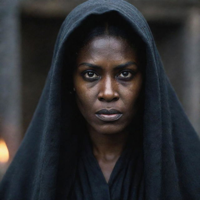 Tituba of Salem portrayed as a powerful figure with a dark, mysterious aura. She has an intense gaze projecting power, set against the backdrop of the historical locale of Salem.