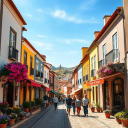 A beautiful and realistic depiction of Sacavém, Portugal, showcasing its charming streets lined with traditional Portuguese architecture