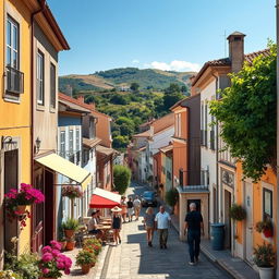 A beautiful and realistic depiction of Sacavém, Portugal, showcasing its charming streets lined with traditional Portuguese architecture