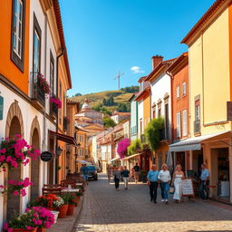 A beautiful and realistic depiction of Sacavém, Portugal, showcasing its charming streets lined with traditional Portuguese architecture