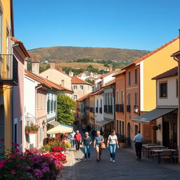 A beautiful and realistic depiction of Sacavém, Portugal, showcasing its charming streets lined with traditional Portuguese architecture