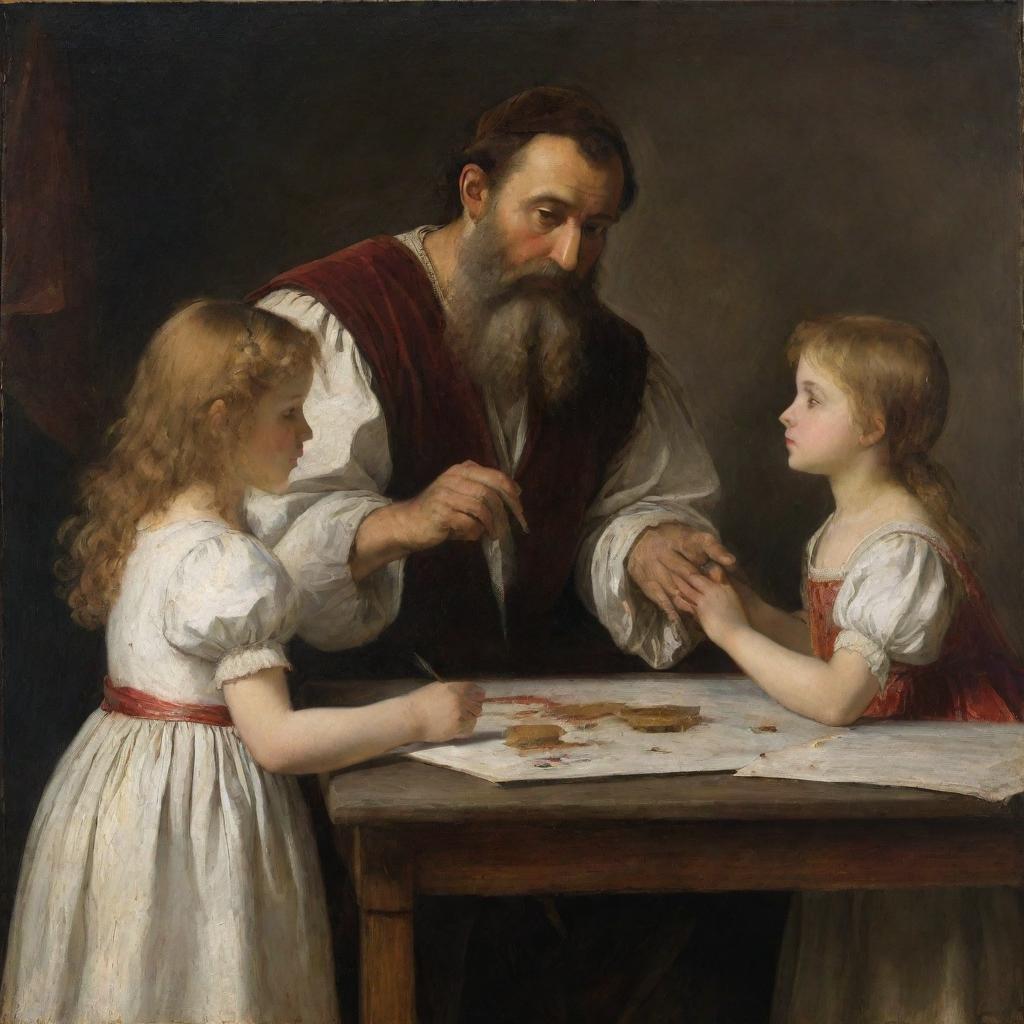 Renaissance artist Titian, tenderly caring for white children. He's teaching them to paint, or telling engaging stories, in a warm, bright studio filled with canvases, paints, and brushes.