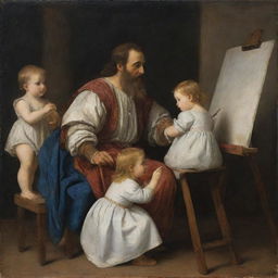 Renaissance artist Titian, tenderly caring for white children. He's teaching them to paint, or telling engaging stories, in a warm, bright studio filled with canvases, paints, and brushes.