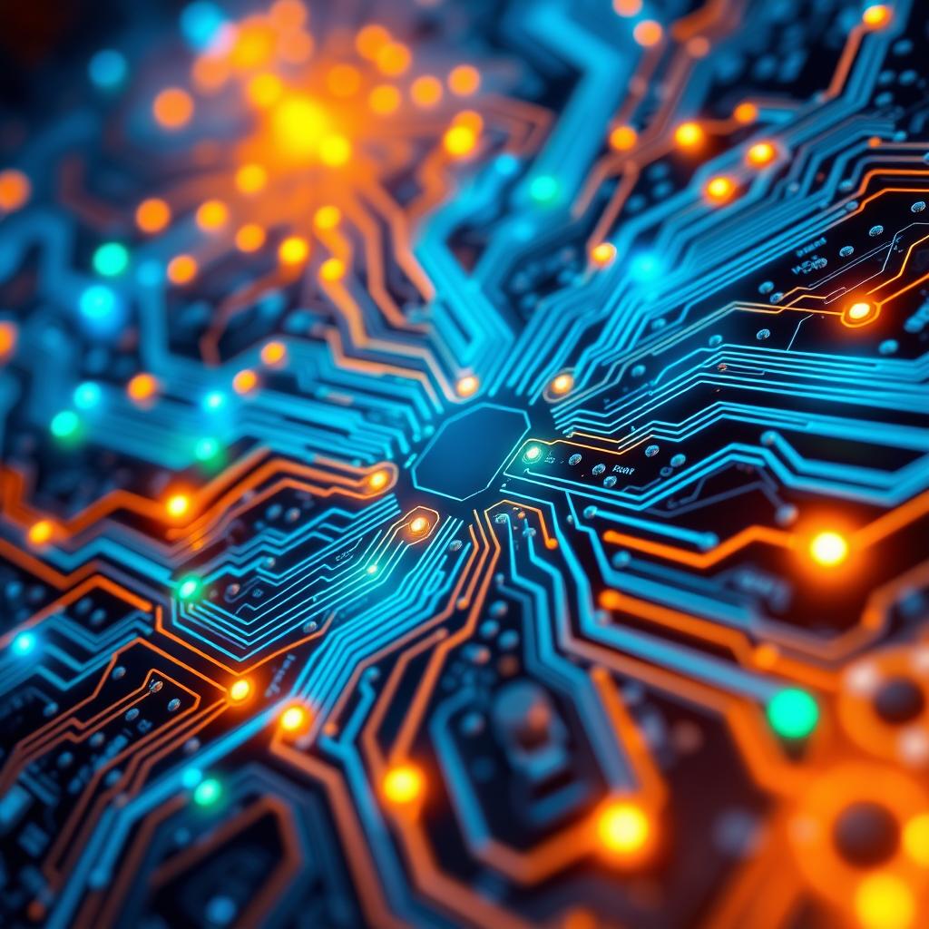 A detailed and visually stunning circuit graph, showcasing intricate pathways and connections, with bright colors like blue, green, and orange illuminating the nodes