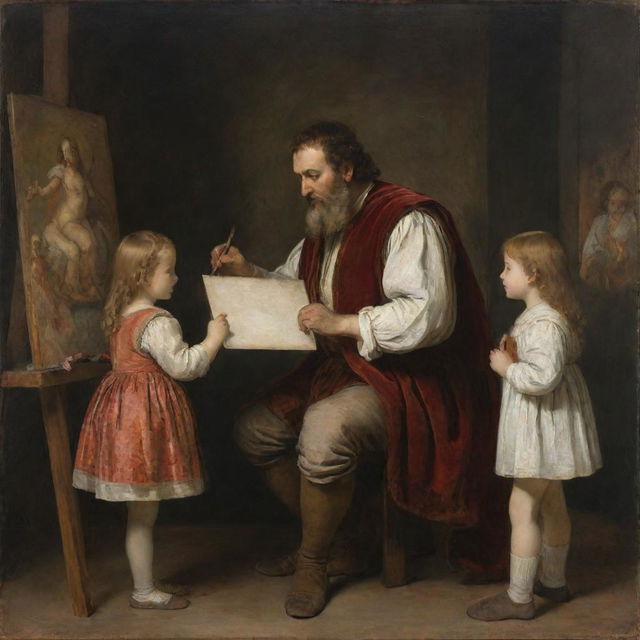 Renaissance artist Titian, tenderly caring for white children. He's teaching them to paint, or telling engaging stories, in a warm, bright studio filled with canvases, paints, and brushes.