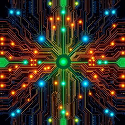 A detailed and visually stunning circuit graph, showcasing intricate pathways and connections, with bright colors like blue, green, and orange illuminating the nodes