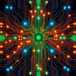 A detailed and visually stunning circuit graph, showcasing intricate pathways and connections, with bright colors like blue, green, and orange illuminating the nodes