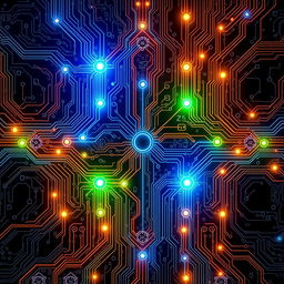 A detailed and visually stunning circuit graph, showcasing intricate pathways and connections, with bright colors like blue, green, and orange illuminating the nodes