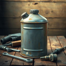 A detailed and realistic depiction of a vintage fuel canister, made of metal with a weathered patina