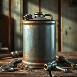 A detailed and realistic depiction of a vintage fuel canister, made of metal with a weathered patina