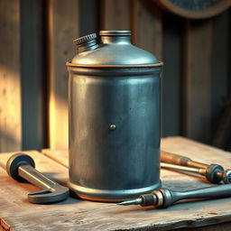 A detailed and realistic depiction of a vintage fuel canister, made of metal with a weathered patina