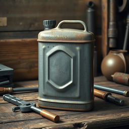 A detailed and realistic depiction of a vintage fuel canister, made of metal with a weathered patina