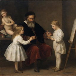 Renaissance artist Titian, tenderly caring for white children. He's teaching them to paint, or telling engaging stories, in a warm, bright studio filled with canvases, paints, and brushes.