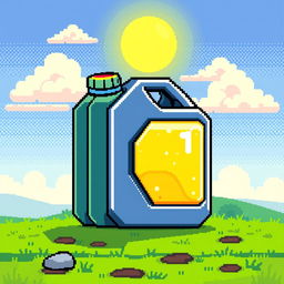 A pixel art style illustration of a fuel canister, designed with vibrant colors and blocky textures typical of retro video games